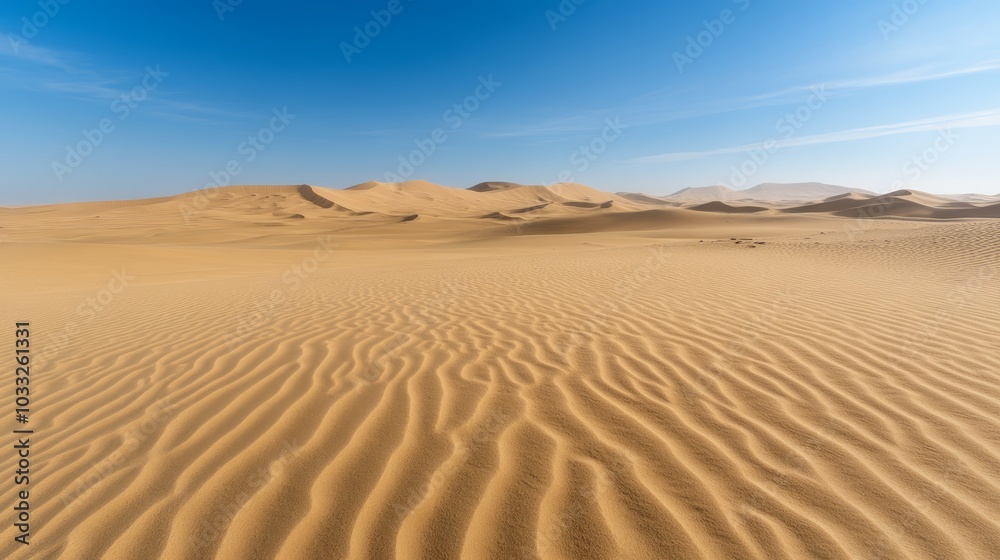 A vast, serene desert landscape featuring rolling sand dunes under a clear blue sky with gentle ripples in the sand. A vast, serene desert landscape featuring rolling sand dunes under a clear blue sky with gentle ripples in the sand.