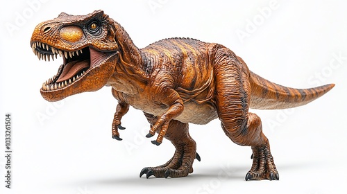 A detailed dinosaur figurine, showcasing a Tyrannosaurus rex in a dynamic pose.