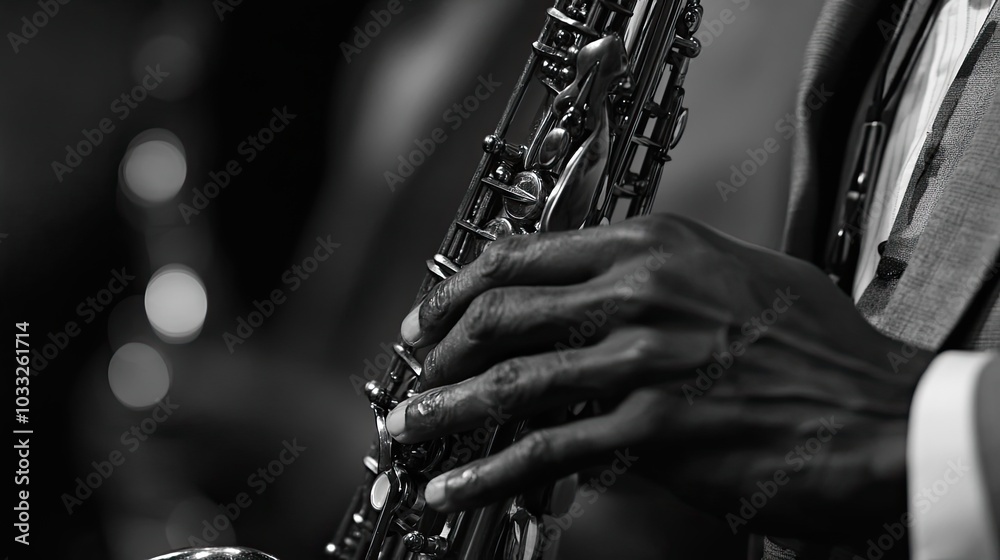 Obraz premium Close-up of a Saxophonist's Hand Playing a Saxophone