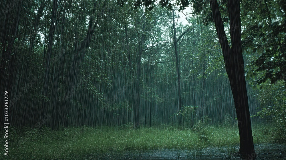 Obraz premium A lush green forest with tall trees, a path, and a clearing in the middle. The trees are dense and the light is dim, creating a sense of mystery and peace.