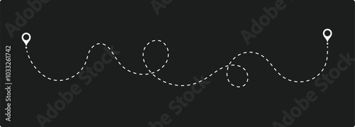 Flying with a dashed line from the starting point and along the path - stock vector.