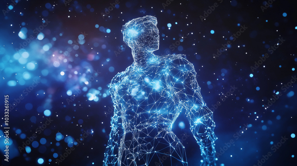 An Aquarius zodiac sign image with a starry galaxy background. It features a low-polygon Greek character with futuristic astrological details.low poly digital wireframe. An Aquarius zodiac sign image with a starry galaxy background. It features a low-polygon Greek character with futuristic astrological details.low poly digital wireframe.