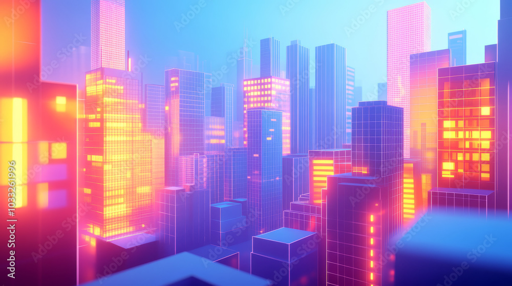 A futuristic city with glowing buildings, like something out of a computer program. It's a blend of technology and a digital world.low poly digital wireframe. A futuristic city with glowing buildings, like something out of a computer program. It's a blend of technology and a digital world.low poly digital wireframe.