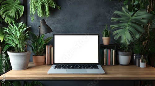 Office workspace with plants and laptop. photo