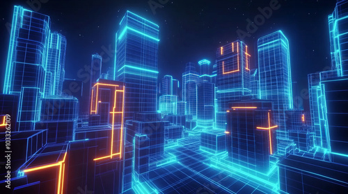 A futuristic city with glowing buildings, like something out of a computer program. It's a blend of technology and a digital world.low poly digital wireframe.