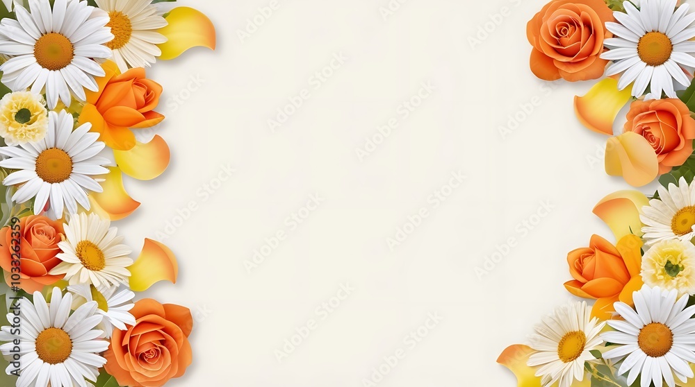 Obraz premium floral themed decorative border design featuring a beige background with an ornate, intricate pattern along the edges, includes clusters of vibrant orange roses and white daisies with yellow centers