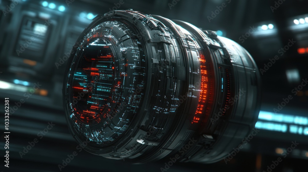 Futuristic metallic sphere with glowing red and blue lines Futuristic metallic sphere with glowing red and blue lines