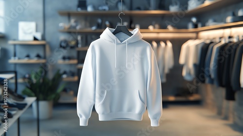 White hoodie on display in modern shop. photo