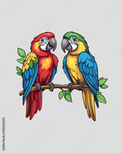 Vector illustration of two colorful Macaw birds on a branch, Generative AI image. 