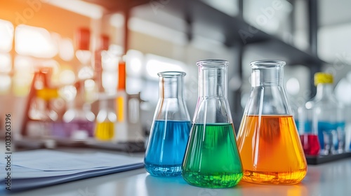 Three Erlenmeyer Flasks Filled with Colorful Liquids in a Laboratory Setting