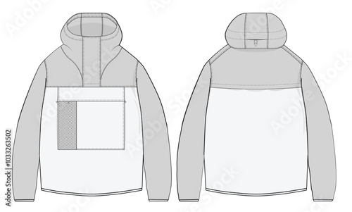 Hooded Anorak Jacket CAD Vector Design Template Front and Back Views