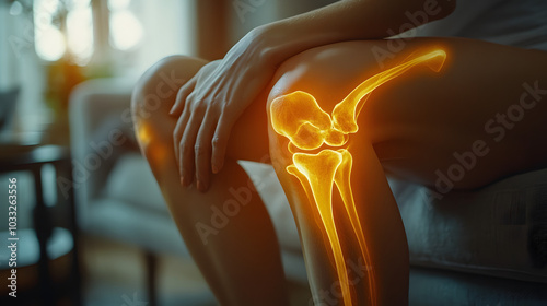 A Woman Experiencing Knee Joint Pain. This Close-Up Image Shows a Leg Resting on a Sofa, Highlighting the Discomfort and Strain Associated with Joint Pain. This Visual is Ideal for Health and Wellness