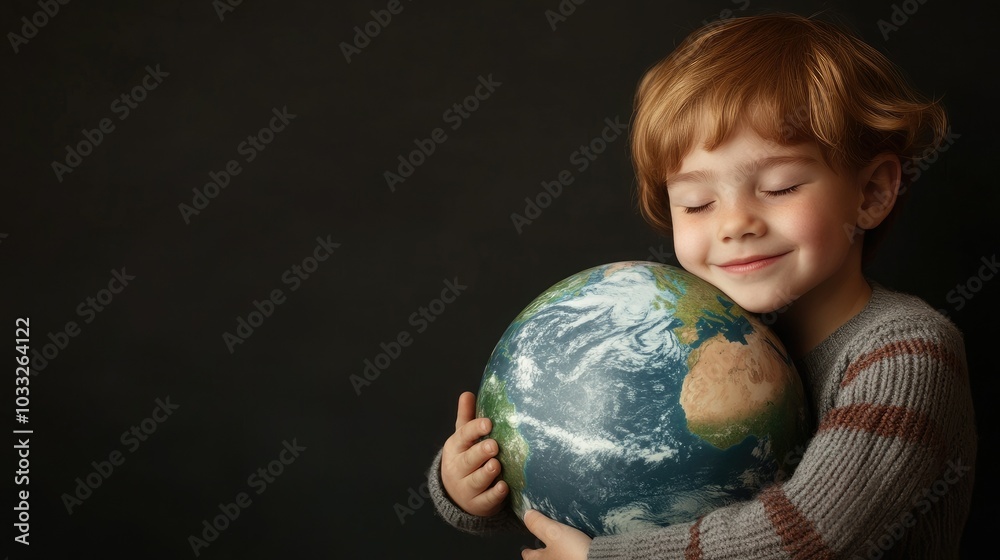 A young child hugging a planet earth model. Protecting environment A young child hugging a planet earth model. Protecting environment