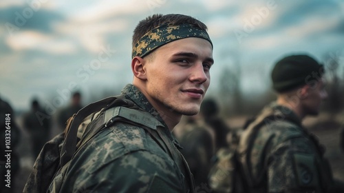 Portrait of a Young Soldier in Camouflage Uniforms