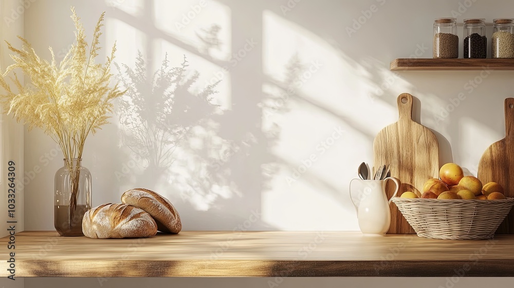 Minimal kitchen counter mock up design for product presentation background or branding with wood counter white wall include vase with rice plant chopping block bread and fruit basket. Food table Minimal kitchen counter mock up design for product presentation background or branding with wood counter white wall include vase with rice plant chopping block bread and fruit basket. Food table