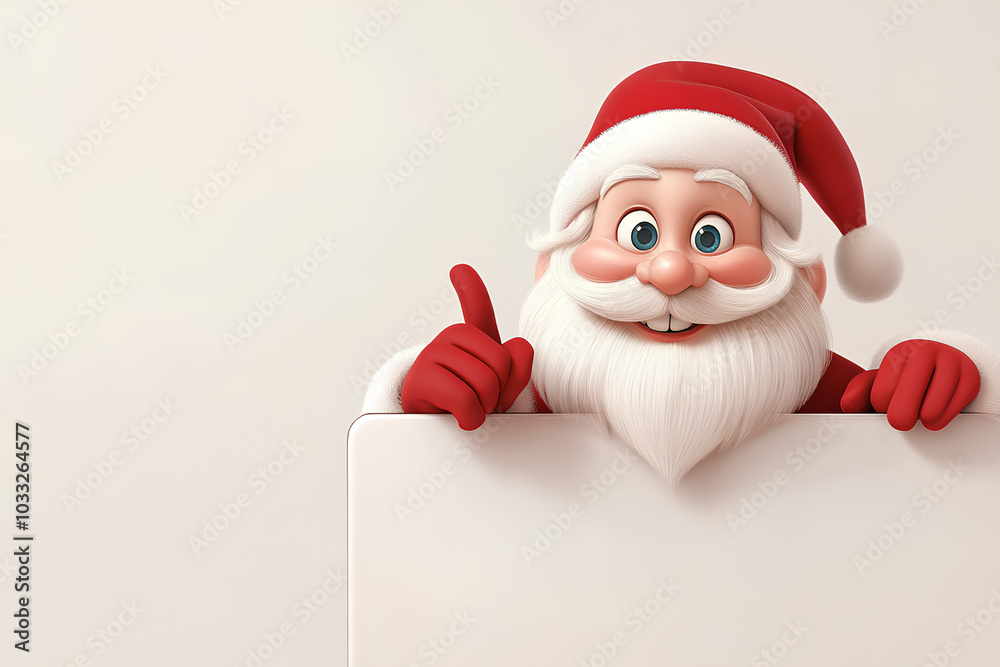 Santa Christmas cartoon character peeking over a sign and pointing at it Santa Christmas cartoon character peeking over a sign and pointing at it