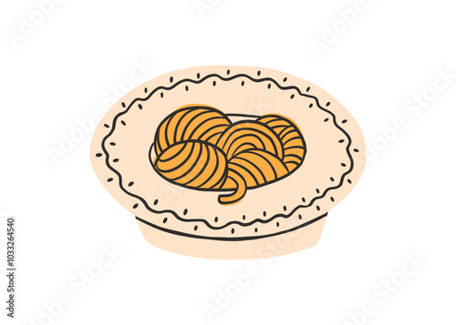 Italian pasta in a flat style. Spaghetti, tagliatelle, fettuccine. Dish in a deep plate with ornament, handmade ceramics. Colorful bright vector illustration in modern style isolated on a white