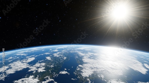 Earth's Curve with Bright Sun and Scattered Stars