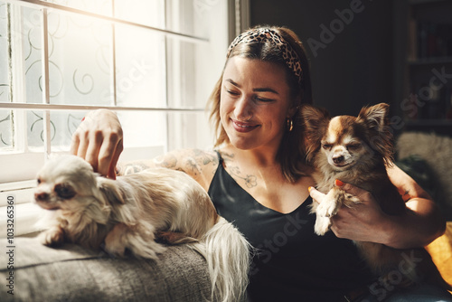 Canvas Print Woman, relax and dogs with portrait on living room sofa with stroke, calm and break with pet and care