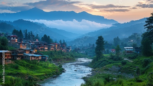 A small village nestled in a valley with a river flowing through it, surrounded by mountains and a cloudy sky.