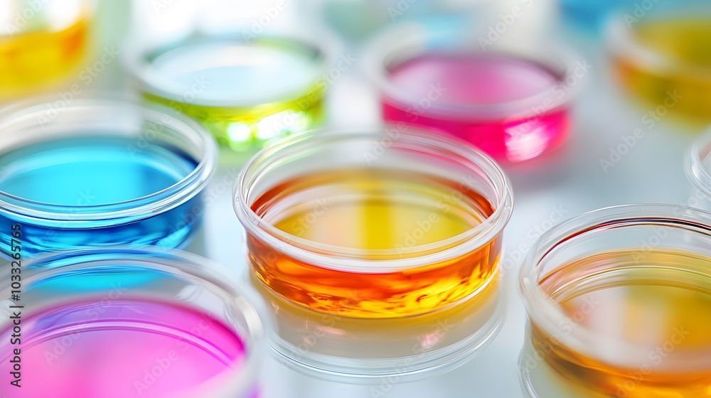 Colorful Liquids in Glass Petri Dishes on a White Surface Colorful Liquids in Glass Petri Dishes on a White Surface