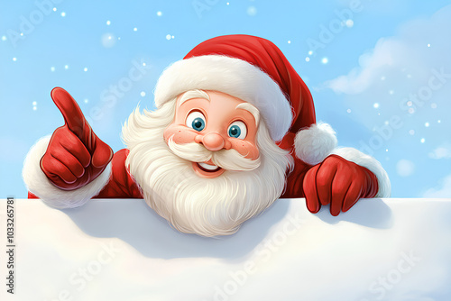 Santa Christmas cartoon character peeking over a sign and pointing at it