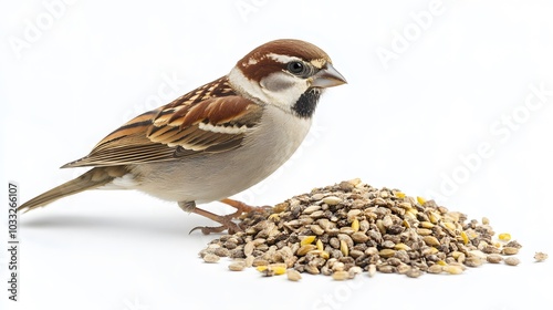 Tree sparrow and a pile of bird seed on white background. 