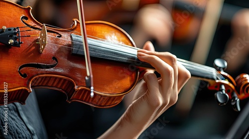 Close-up of a violinist's hand holding a violin and bow