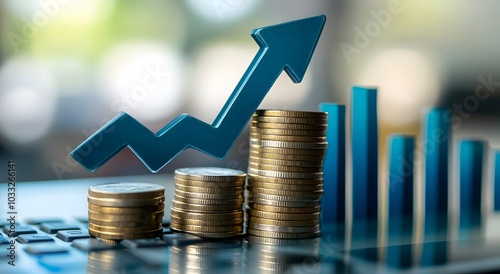 Illustration of an upward arrow and coins on the background, blue color scheme, financial growth concept, 