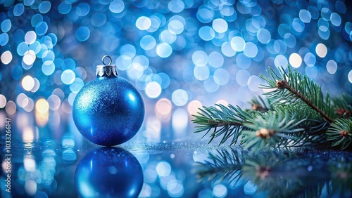 Blue christmas decoration ball reflected with pine blue bokeh background and vignette