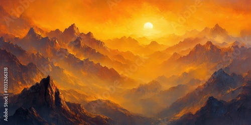 Sunset over a hazy mountain range.