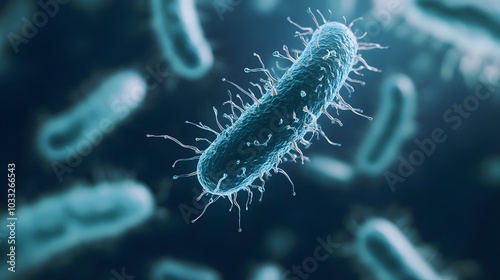 A Single Bacterium with Flagella Surrounded by Other Bacteria photo