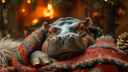 A hippopotamus drifts off to sleep by the fire, wrapped in a festive blanket, a gentle smile gracing its face as it dreams of Christmas delights