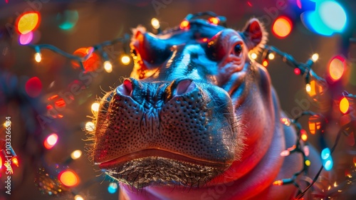 A playful hippopotamus becomes a festive spectacle, tangled in twinkling Christmas lights, its eyes reflecting the colorful glow with childlike wonder.