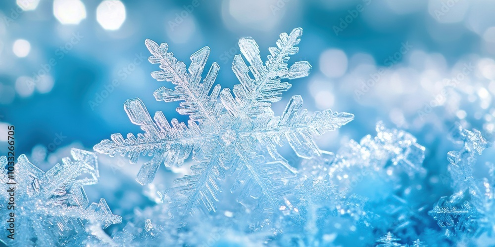 Closeup of snowflake, blue background.