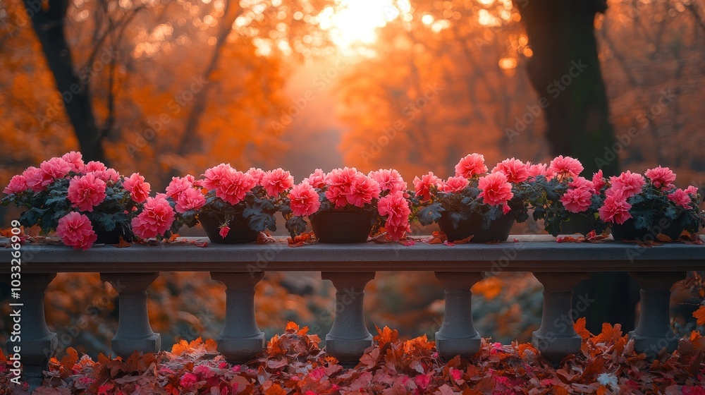 Vibrant flowers in pots against a serene autumn backdrop. Vibrant flowers in pots against a serene autumn backdrop.
