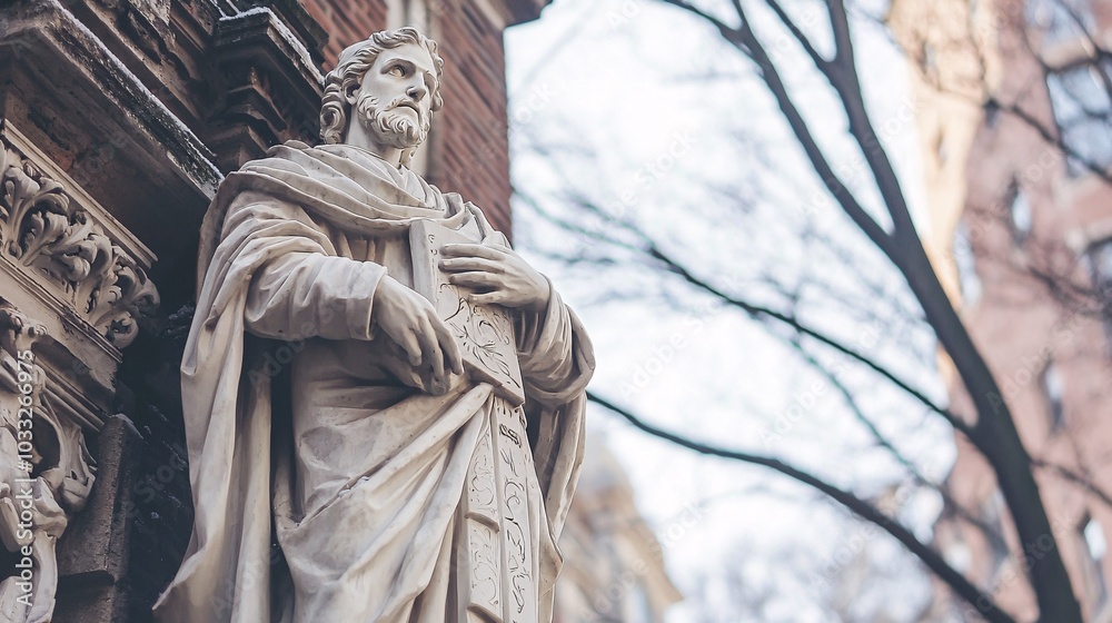 Fototapeta premium The towering Saint Rocco statue, rich in intricate detail, symbolizes devotion and history amidst the urban landscape.
