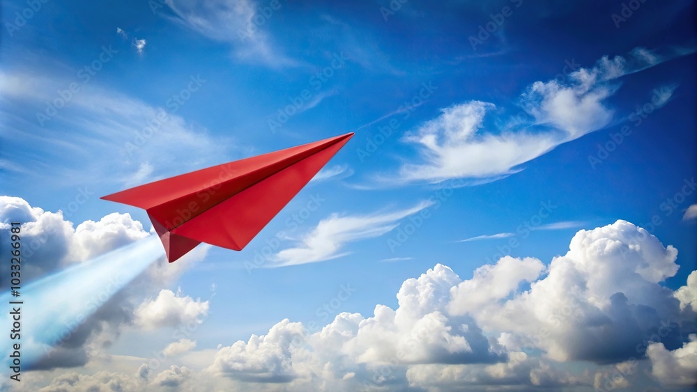 Paper plane flying through blue sky with clouds Paper plane flying through blue sky with clouds