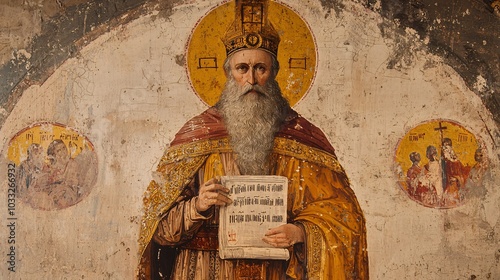 Saint Polycarp is illustrated in classic attire with a scroll, encircled by symbols of faith, highlighting his historical importance. photo