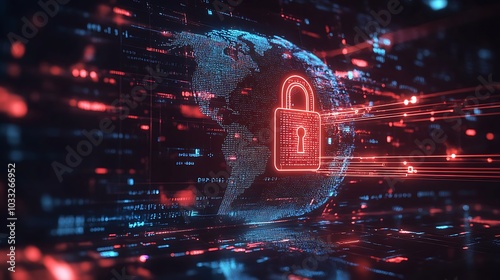 A futuristic padlock icon securing global digital data connections with encryption lines glowing around the globe.
