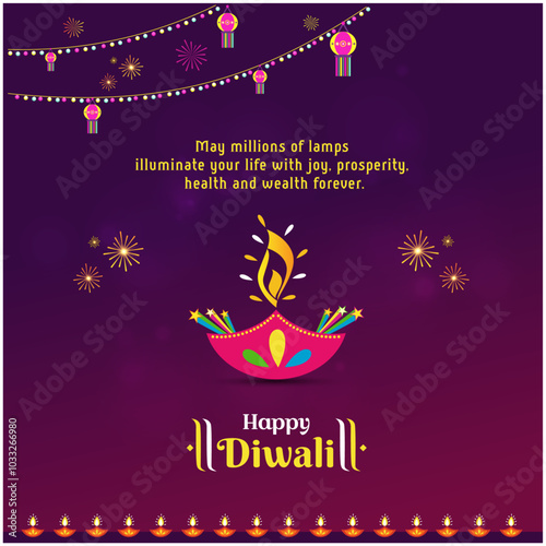 Happy Diwali Wishes, Greeting card. Happy Deepawali. Social Media Post 1080x1080 Vector