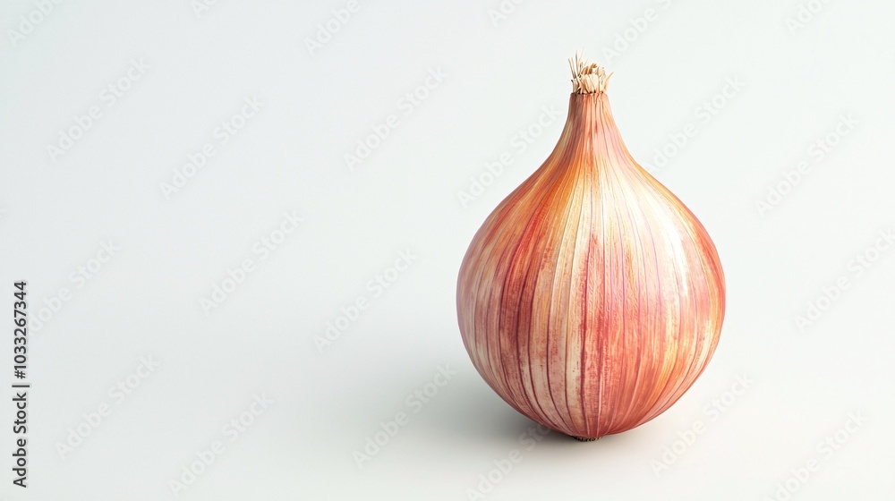 Obraz premium A sleek mockup showcasing a solitary shallot bulb against a pristine white backdrop, ideal for culinary artwork and recipe advertisements.
