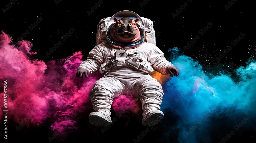 Baby hippo in a spacesuit, sarcastic smirk, floating in a colorful nebula, 3D illustration with vibrant galaxies Baby hippo in a spacesuit, sarcastic smirk, floating in a colorful nebula, 3D illustration with vibrant galaxies