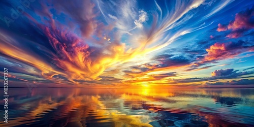 A kaleidoscope of colors paints the sky as the sun sets over the horizon, reflecting in the rippling surface of the calm water.