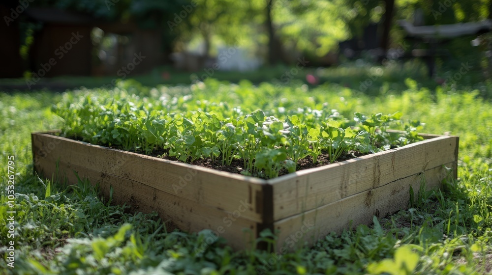 Wooden Raised Garden Bed with Young Green Plants Wooden Raised Garden Bed with Young Green Plants