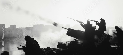 Soldiers in Silhouettes on a Tank During a Wartime Battle