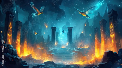 Ancient Ruins with Flying Birds, Fire, and Stars