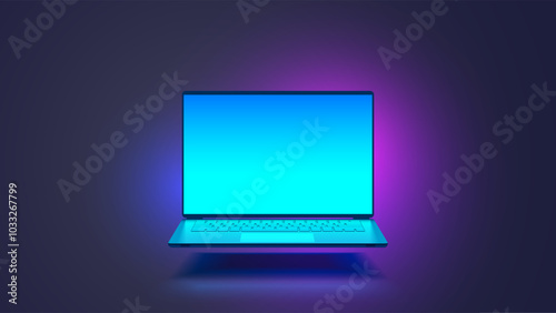 Laptop hanging air in dark. Laptop vector front view. Front open cyan screen gaming laptop mockup. Vector template blank screen notebook with backlit.