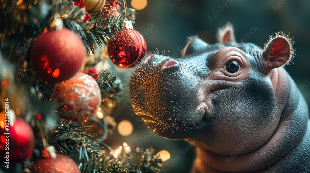 With a joyful expression, the hippo takes in the twinkling lights and ornaments, feeling the magic of the holiday season all around. With a joyful expression, the hippo takes in the twinkling lights and ornaments, feeling the magic of the holiday season all around.