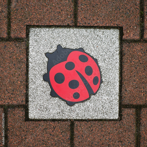 A tile with ladybug between the pavement stones is a sign against senseless violence in the Netherlands photo